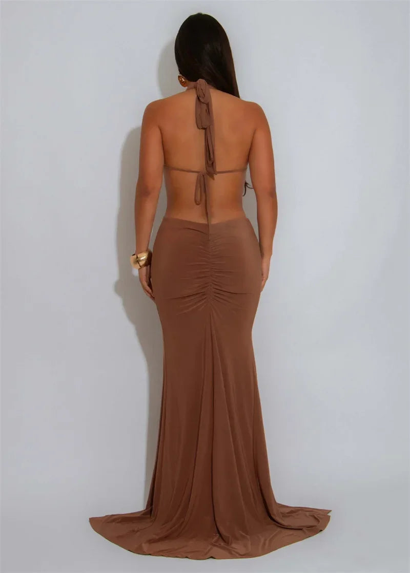 Sexy Halter Backless Mermaid Evening Dresses Woman Nightclub Prom Celebrity Metal Ring Bandage High Split Party Long Dress Robes