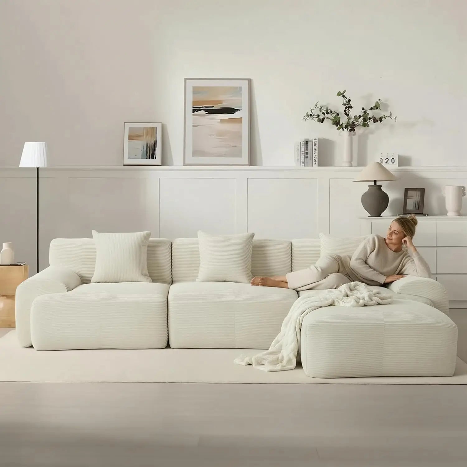 107in Modular Sectional Sofa with Ottoman L-Shape Deep Seat Corduroy Memory Foam No Assembly Living Room Furniture Custom Main image