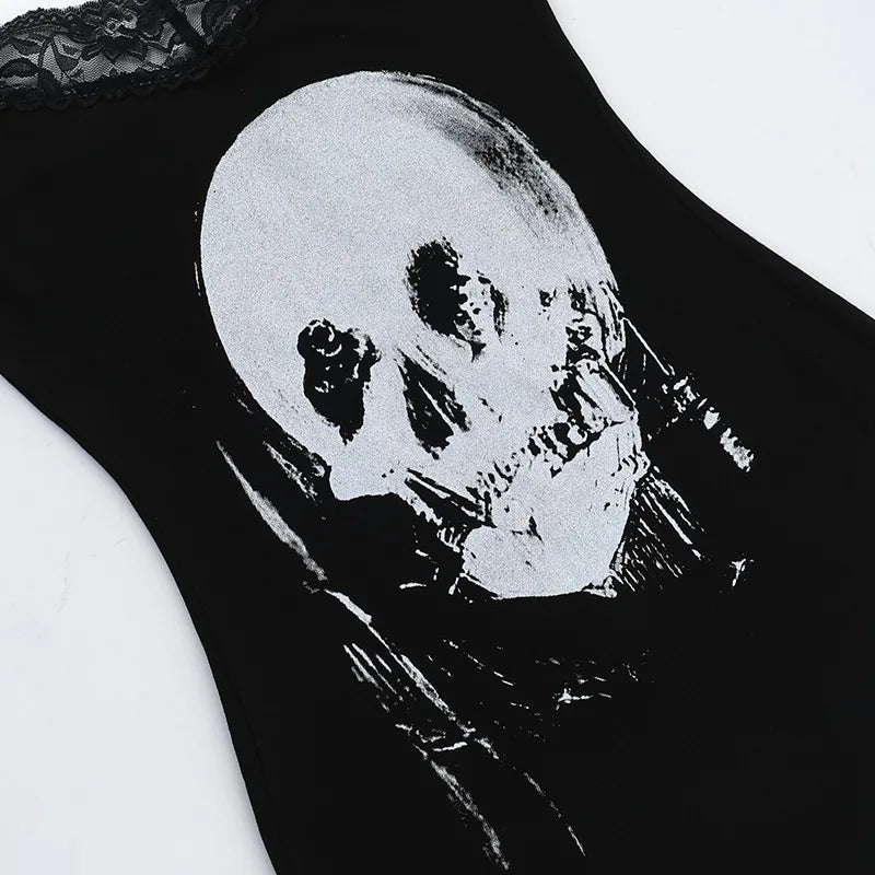 Goth Dark Streetwear Anime Skull Print Straps Mini Dress Fairy Lace Stitch Club Outfits Slim Sexy Bodycon Dresses Mall Gothic