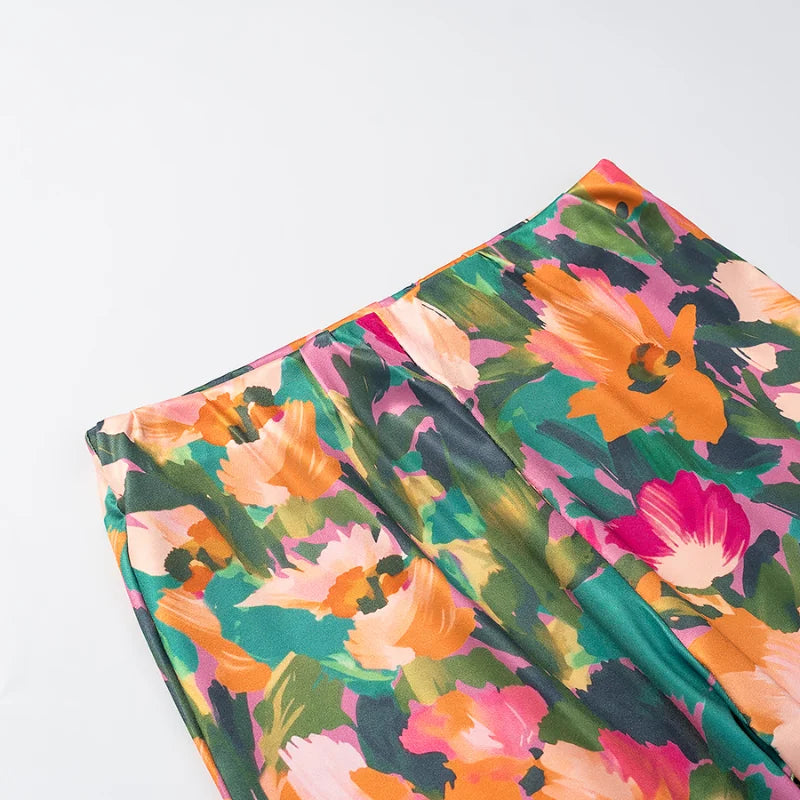 Floral Print Sexy Bodysuit Pant Set Hot Girl Sweetheart Backless Spaghetti Straps Top Elastic Waist Capri Pants Lady Outfit