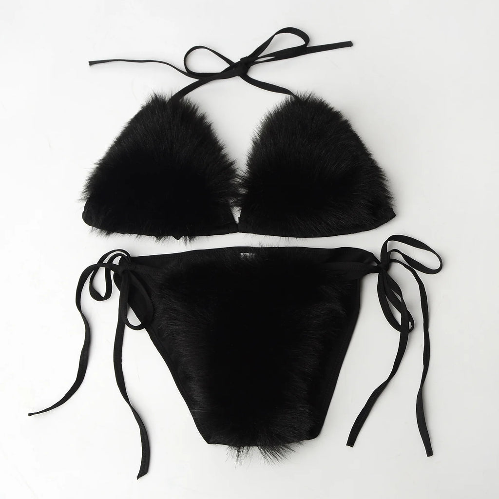 Summer Women Fake Fox Fur Sexy Halter Solid Color Bikini Set Swimsuits Triangle Sexy Bikini Set Faux Fur Swimsuit Plush Swimwear