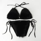 Summer Women Fake Fox Fur Sexy Halter Solid Color Bikini Set Swimsuits Triangle Sexy Bikini Set Faux Fur Swimsuit Plush Swimwear