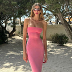Hugcitar Elegant Women Solid Strapless Backless Bandage Sexy Bodycon Maxi Dress Summer Women Y2K Clothes Beach Vacation Party