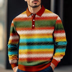 2025 Fashion Men's Stripe Gradient Long Sleeve Polo Shirt Breathable Casual Tops Slim Fit Quick Drying Classic Collar Polo Shirt