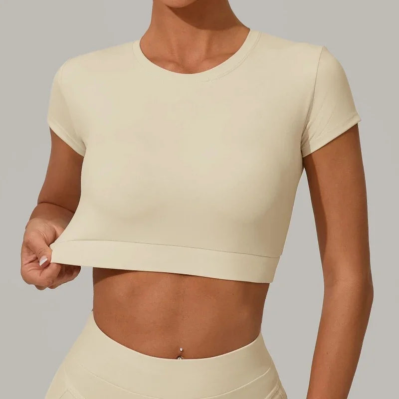 Gym Workout Yoga Fitness Sports Suit Short-sleeved Top Padded-free High-waisted Hip-lifting Trousers Outdoors Leisure Sportswear