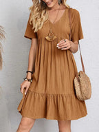Elegant Solid V Neck A Line Dress 2024 New Summer Ruffles Loose Mini Dress Casual Short Sleeve Beach Party Vestidos Streetwear