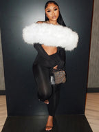 Kliou Furry Patchwork Slash Neck Jumpsuits Woman Autumn Trend Sexy Hollow Navel Exposed Skinny Peach Hip Hottie Fashion Clubwear