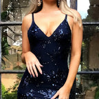 Spaghetti Strap Sequin Cocktail Dresses Homecoming Mermaid Backless Slim Fit Split Asymmetrical Sexy Sweep Train Prom Vestidos
