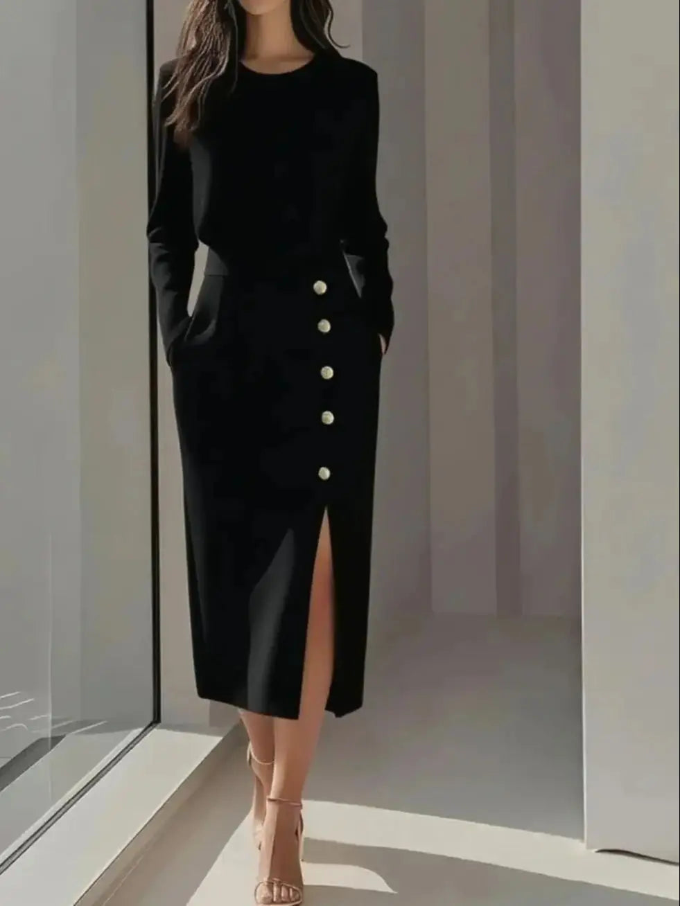 Women's  Solid Color Long Sleeves Elegant Midi Dress with Button Details and Side Slit - Crew Neck Secondary image