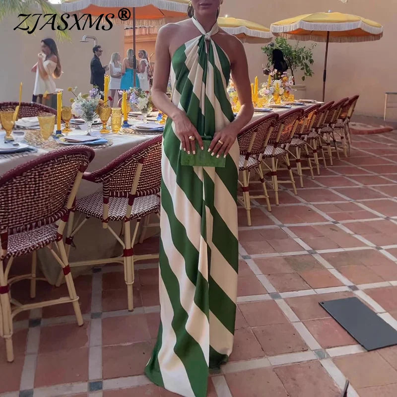 2026 New Elegant Halter Striped Womens Holiday Dress Chic Pleated Sleeveless Bohemian Dress Sexy Backless Hollow Out Party Dress