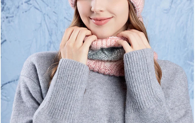 Winter Lady Warm Hat Scarf Two-piece Set Fleece Thickened Gradual Change Color Knitted Skiing Hat Fashion Pullover Hat for Women