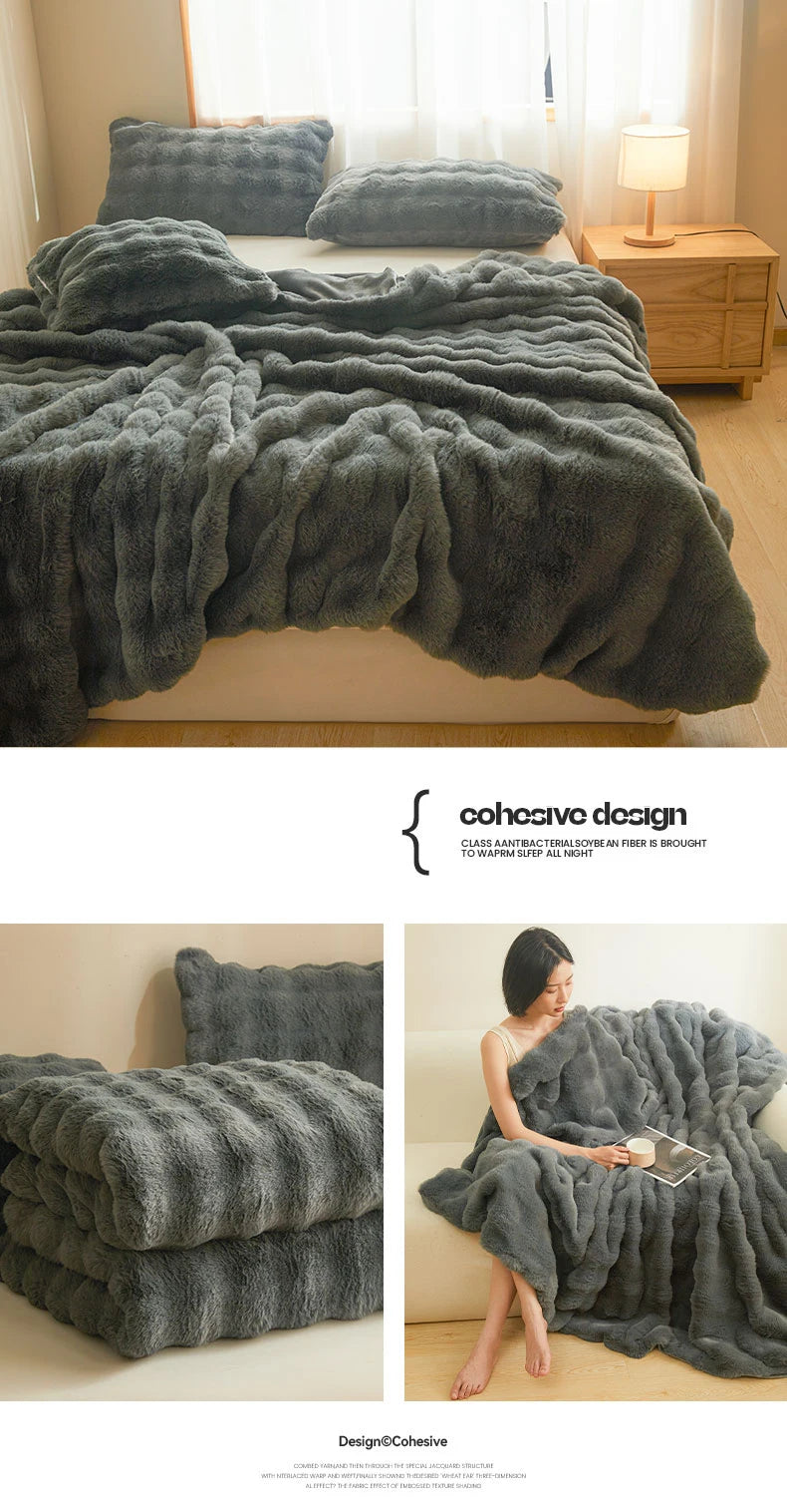 Ultra Soft Luxury Flffy Faux Rabbit Fur Blanket, Thick Winter Warm Throw Blankets, Plush Cozy Bubble Fleece Blankets Home Decor