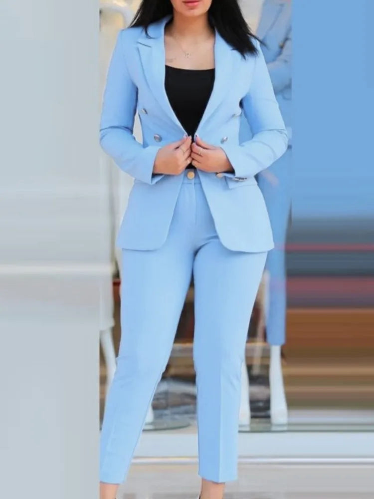 Spring Autumn Women's Solid Color Long Sleeve Suit Fashion A Button Slim-fit Wrap Buttock Pencil Pants Female Office 2 Piece Set Main image