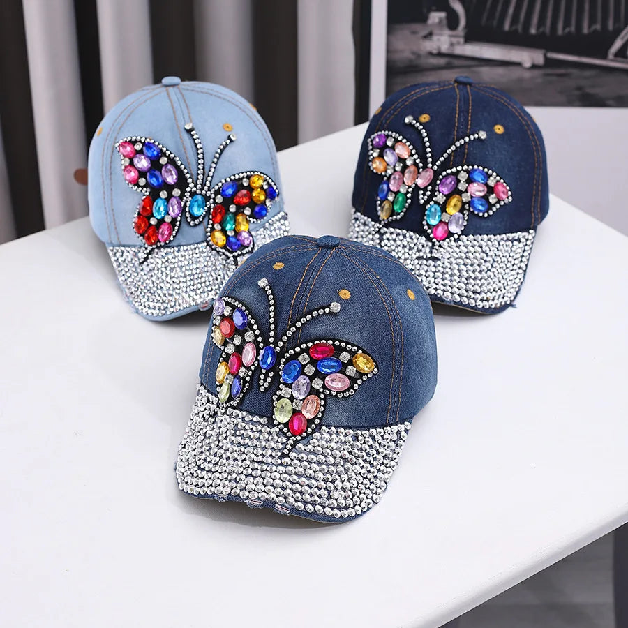 Fashionable And Versatile Outdoor Casual Baseball Cap With Colorful Diamond Inlay, Trendy Butterfly, Middle-Aged Duckbill Cap