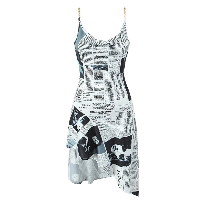 YENKYE New Women Newspaper Letter Print Irregular Hem Sling Dresses Fashion Backless Thin Straps With Chain Summer Sexy Dress Main image