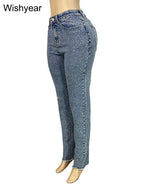 Fashion Skinny Stretch Jeans for Women Luxury Diamonds Hole Pencil Pants High Waist Washed Streetwear Y2k Streetwear Trousers