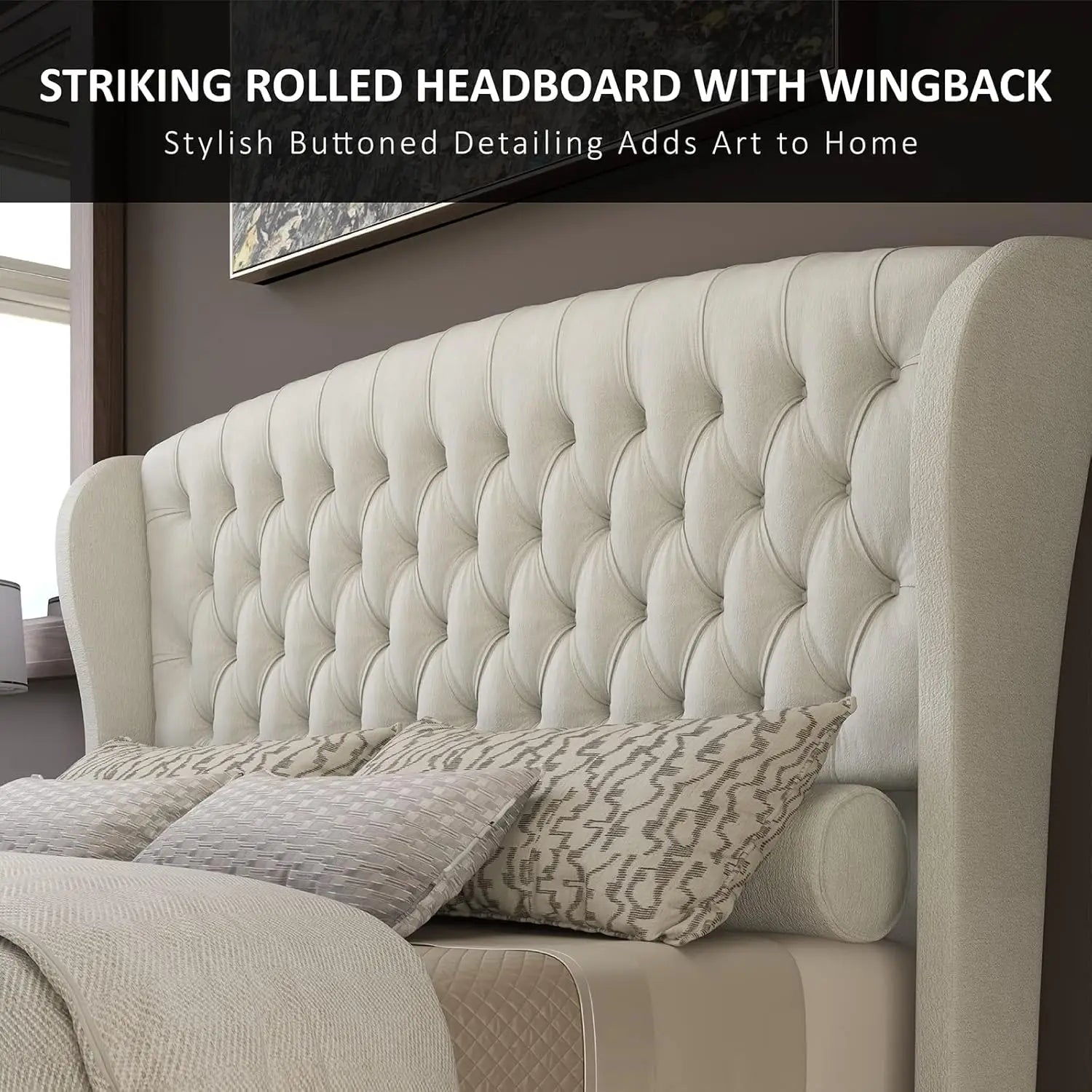 Queen Size Platform Bed Frame, Chenille Upholstered Sleigh Bed with Scroll Wingback Headboard & Footboard/Button, Customized