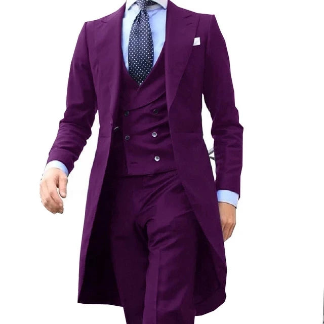 2023 New Arrivel Long Coat Designs Chinese Red Men Suit Gentle mens Tuxedo Prom Blazer Custom 3 Pieces (Jacket+vest+Pants)