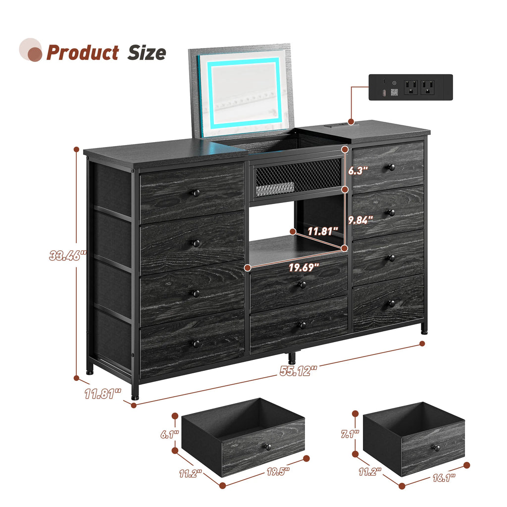Modern 10-Drawer Dresser with Mirror & RGB LED Lights, 55" Wide Fabric Chest with USB Charging for Bedroom Vanity, Hallway