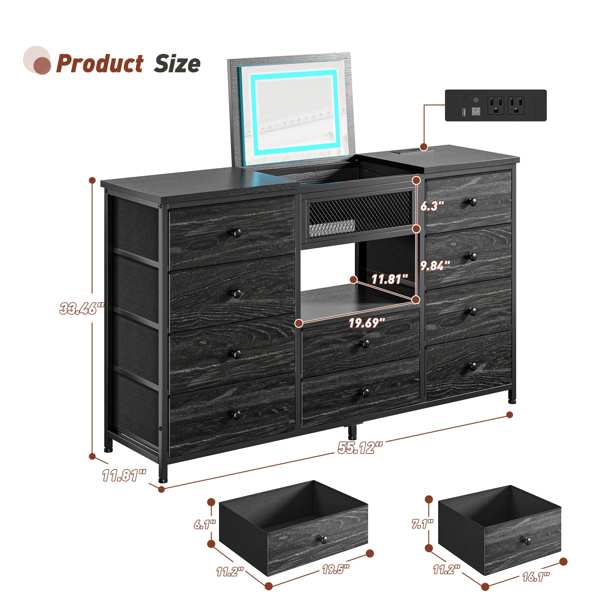 Modern 10-Drawer Dresser with Mirror & RGB LED Lights, 55" Wide Fabric Chest with USB Charging for Bedroom Vanity, Hallway