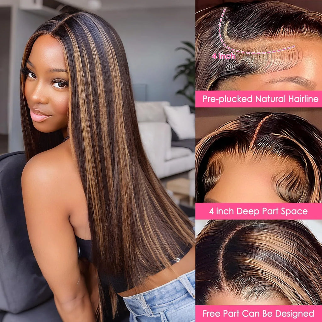 1B/30 Black and Brown Highlights Bone Straight 13x4 HD Lace Front Human Hair Wigs Brazilian Ombre Brown Colored Lace Frontal Wig