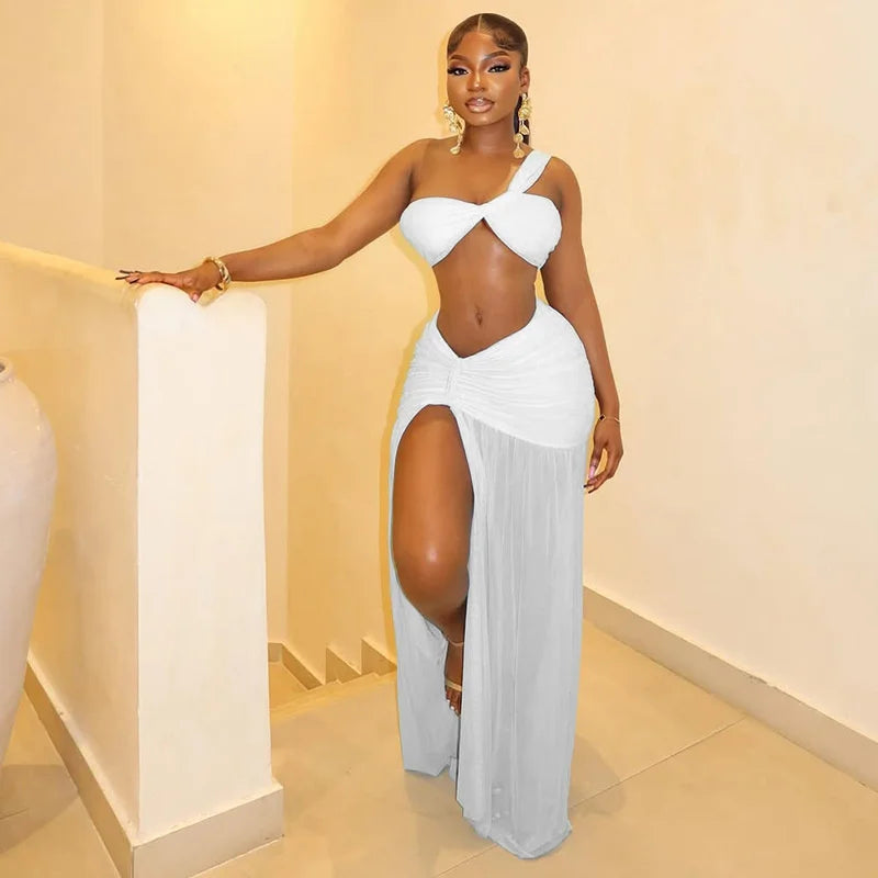 Mesh Ruched Sexy Club Outfits Woman 2026 Birthday Strapless Crop Top and High Split Long Skirt 2 Piece Set Conjuntos Femininos