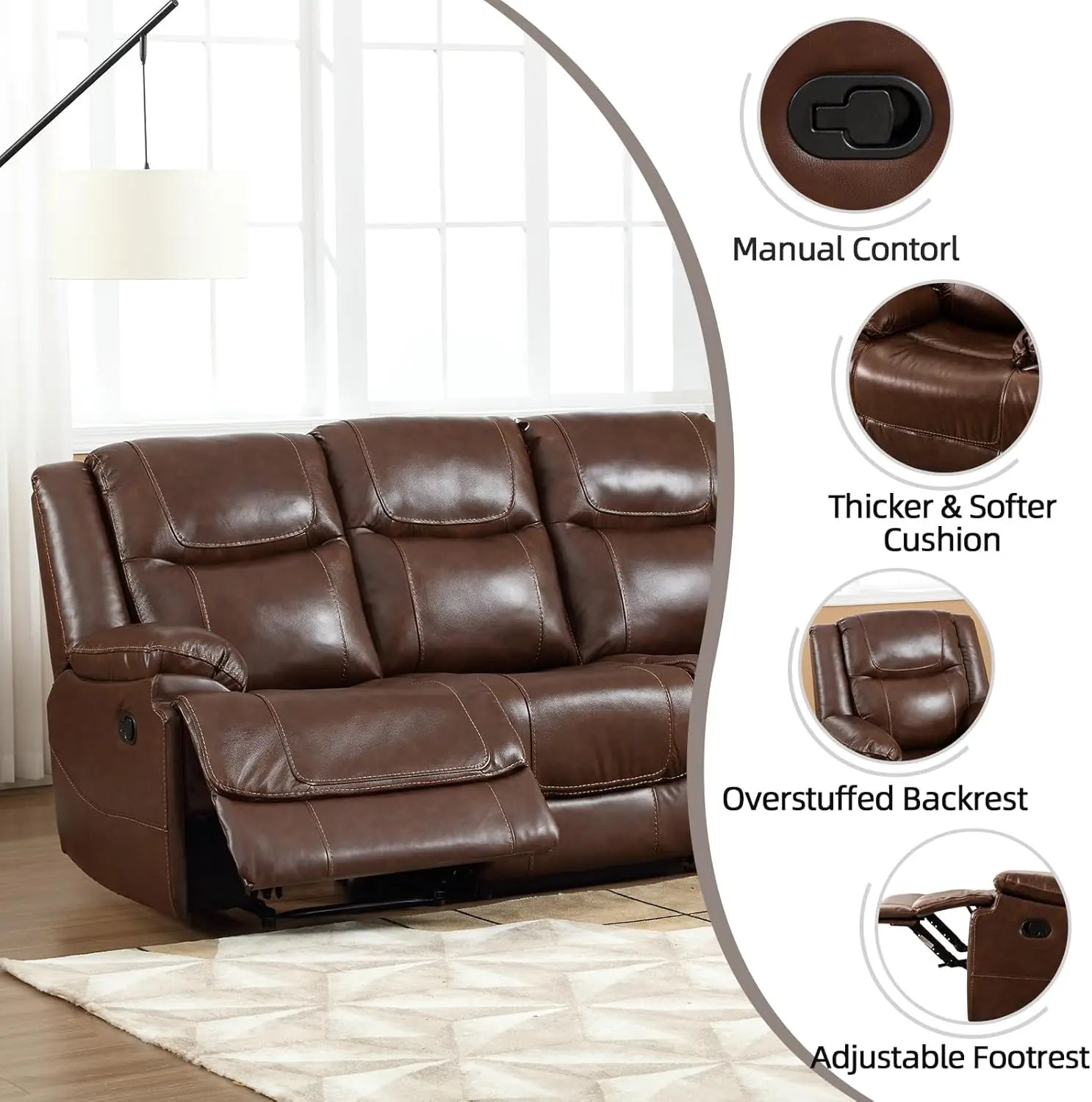 EBELLO Genuine Leather Manual 3 Seat Soft and Comfortable Reclining Sofa for Living Room, Bedroom Furniture