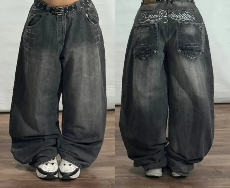 American New Fashion Oversized Letter Printing Black Washed Jeans Ladies Y2K Popular Casual Joker Loose Wide-leg Mop Pants