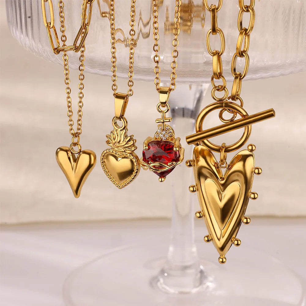Punk Gold Color Heart Pendant Necklace for Women Stainless Steel OT Buckle Beaded Neck Chain Choker Y2K Jewelry Accessories Secondary image