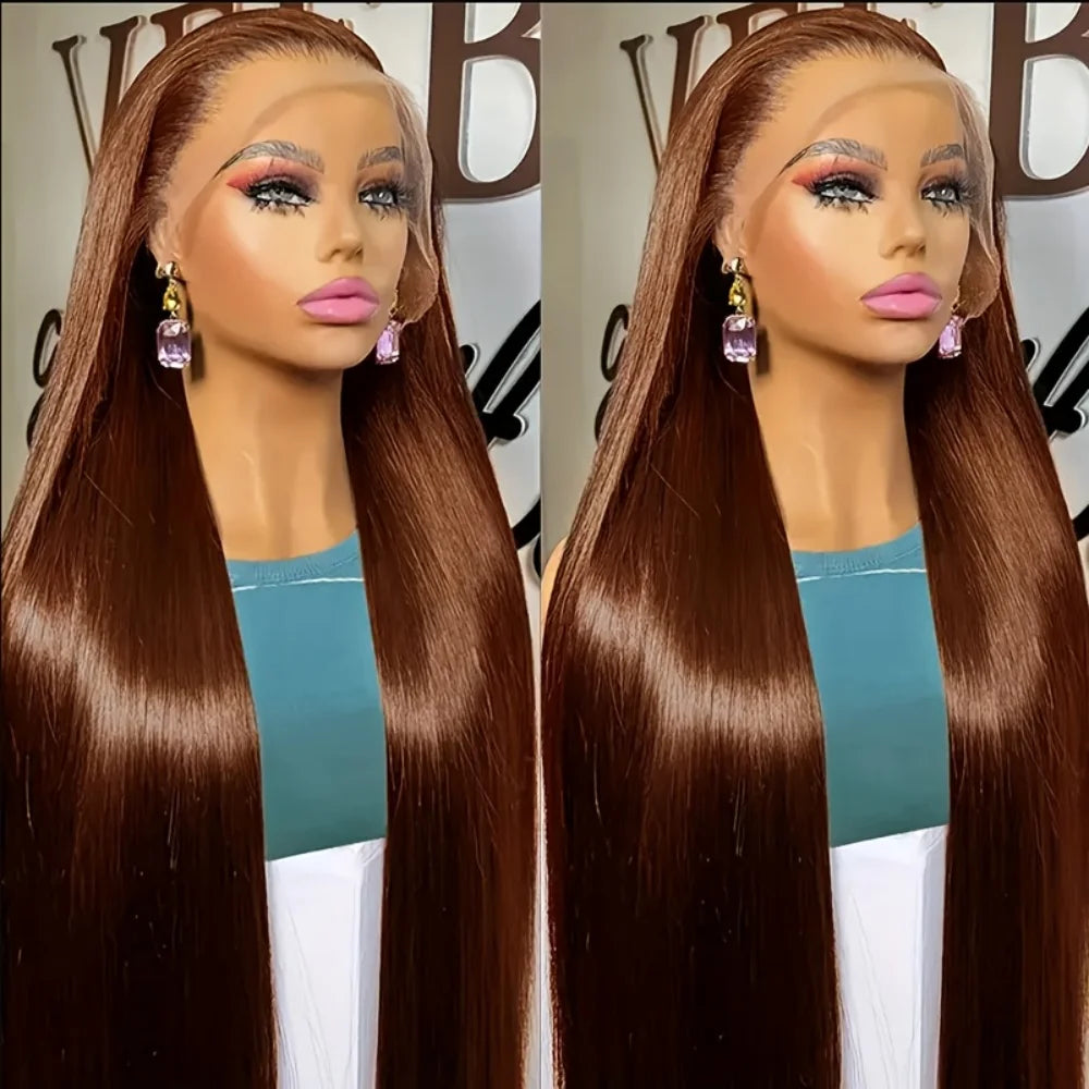 Chocolate Brown Body Wave Lace Front Wig Human Hair 220 Density Frontal Lace Wigs 30 Inch 13x6 HD Transparent Lace Human Wigs