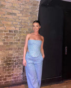 Fashion Sequins Denim Set Women Strapless Tunic Waist Crop Top and Wide Leg Pant Suit 2025 &2026 New 2 Piece Sets Outfits Tracksuit