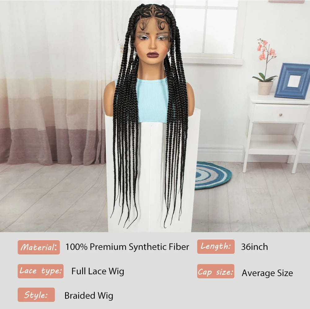 36in Full Lace Cornrow Braided Wigs Synthetic Natural Braiding Hair Wigs Box Braided Lace Wigs with Baby Hair for Black Women