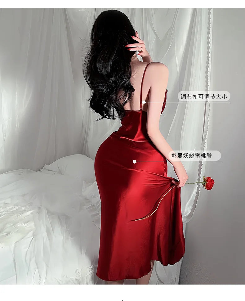 Red New Sling Sexy And Charming Ruffle Edge Bottom Split Smooth Surface Sleeveless Appear Thin Temperament Girl Long Dress 👗