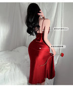 Red New Sling Sexy And Charming Ruffle Edge Bottom Split Smooth Surface Sleeveless Appear Thin Temperament Girl Long Dress 👗
