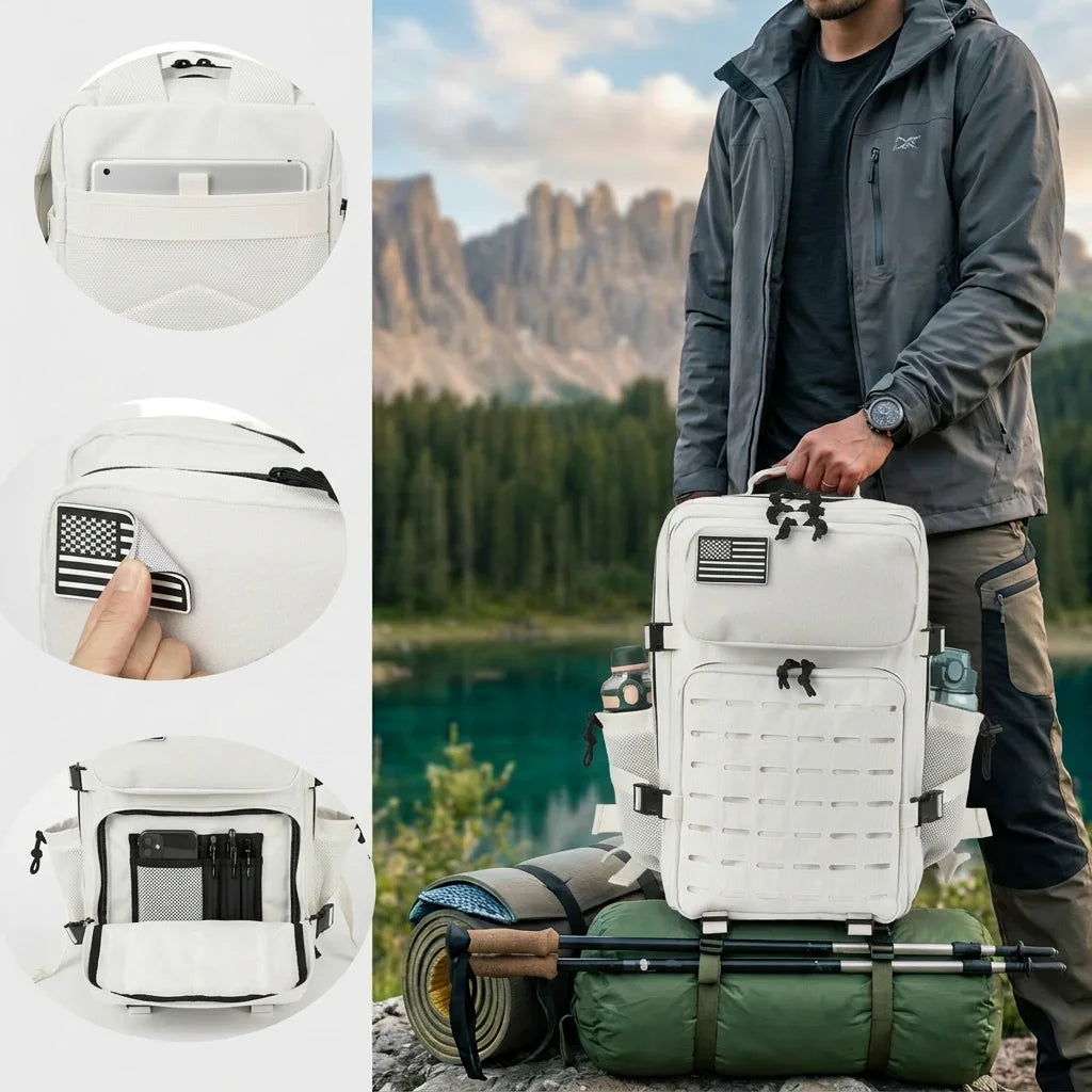 45L Large Capacity Tactical Hunting Backpack For Men With MOLLE Webbing System Dual Cup Holders Outdoor Survival Hiking Camping Rucksack For Wilderness Trip Travel Daily Work Commute Outdoor Camping Activities Gear Storage Ba
