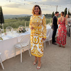 Designer Inspired 100% Silk Midi Dress 2026 Women Slim Fit Yellow Porcelain Print Luxury Holiday Party Runway Dress