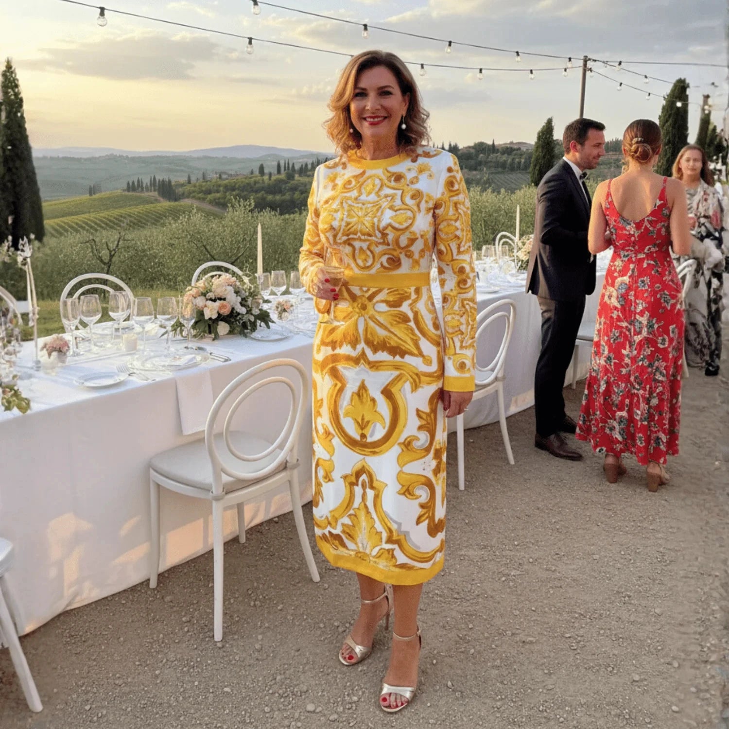 Designer Inspired 100% Silk Midi Dress 2026 Women Slim Fit Yellow Porcelain Print Luxury Holiday Party Runway Dress
