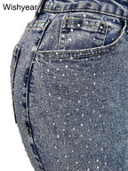 Fashion Skinny Stretch Jeans for Women Luxury Diamonds Hole Pencil Pants High Waist Washed Streetwear Y2k Streetwear Trousers