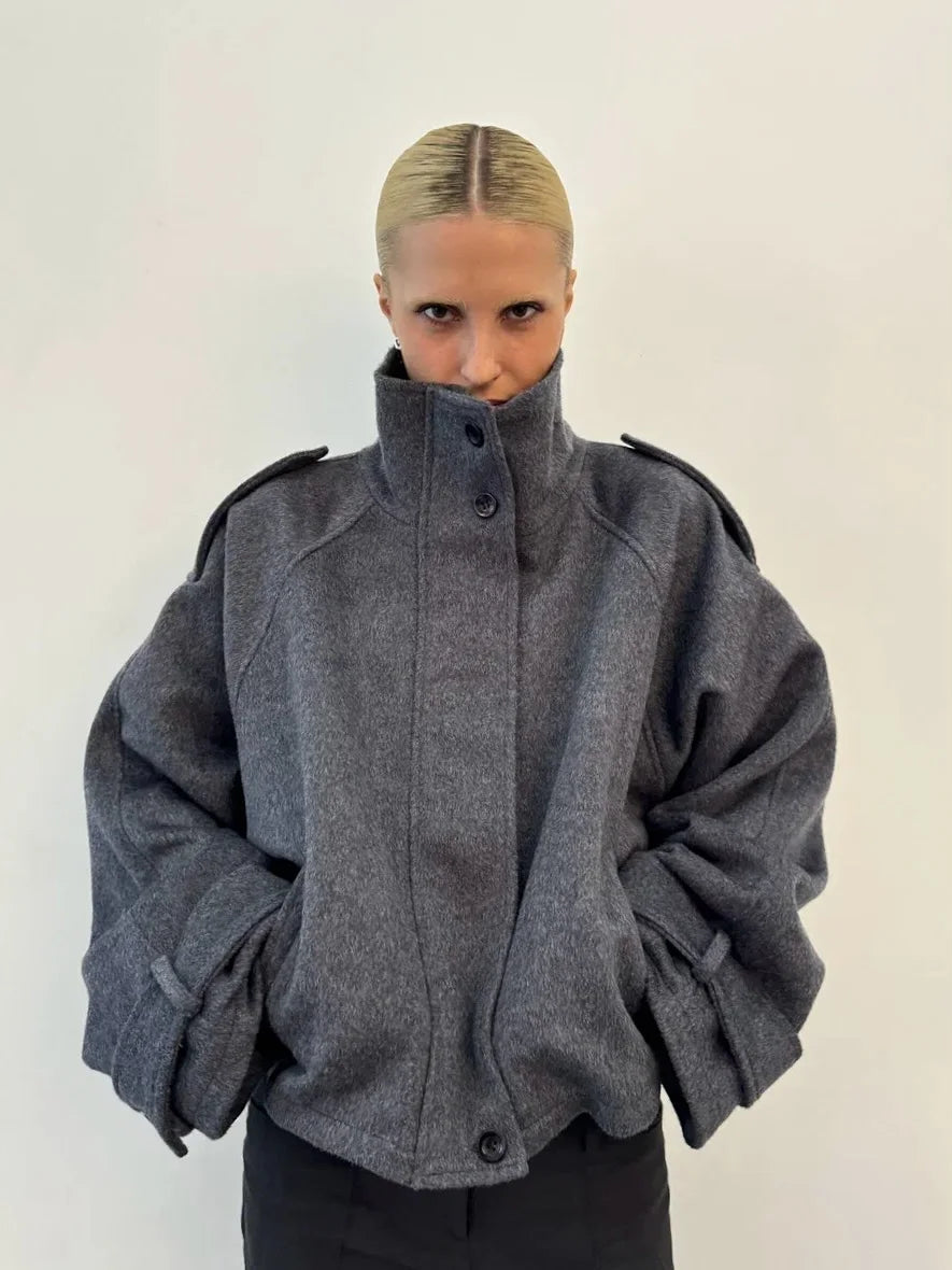 Casual Solid Loose Jackets Women Fashion Full Sleeve Single Breasted Stand Collar Short Coats Female 2025 Autumn Lady Outwears