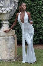 Deep V Neck Draped Ruched Sexy Maxi Dress Women Summer Fashion Halter Sleeveless Backless Club Party Long Dress Elegant BM98