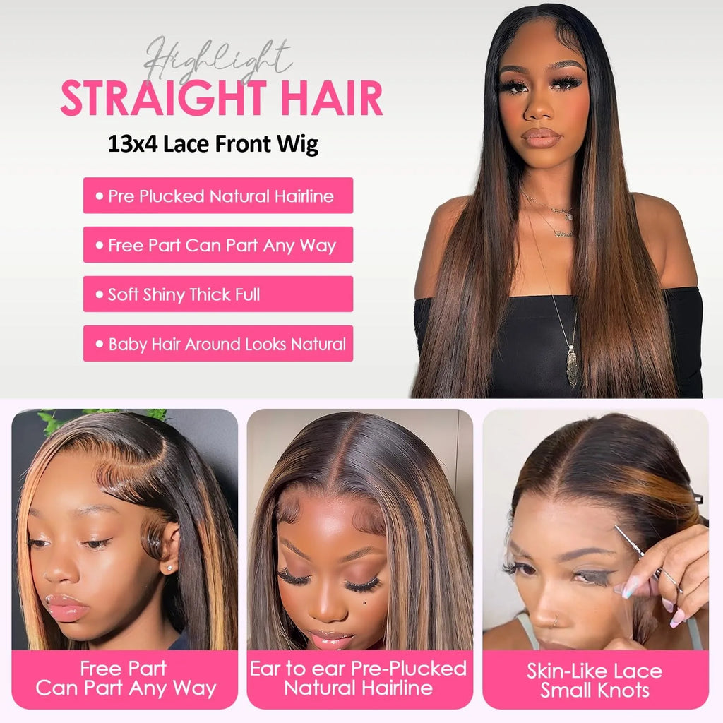 1B/30 Black and Brown Highlights Bone Straight 13x4 HD Lace Front Human Hair Wigs Brazilian Ombre Brown Colored Lace Frontal Wig