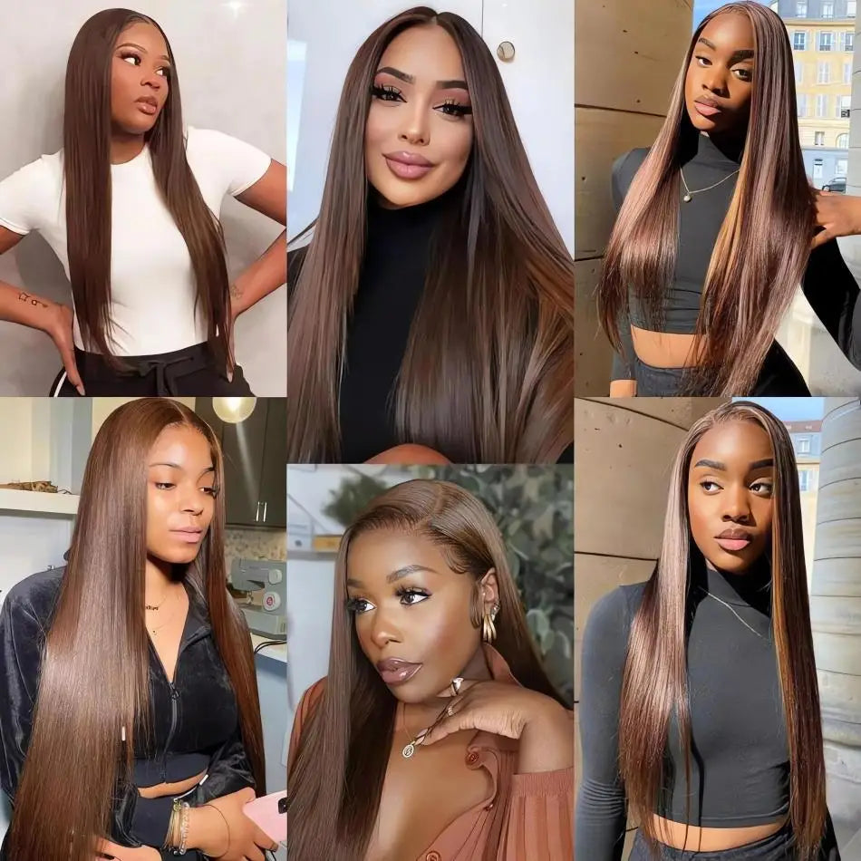 Chocolate Brown Straight 13X6 Hd Lace Frontal Wig Colored 100% Human Hair 13X4 Lace Front Wigs For Women Preplucked 30 36 Inch