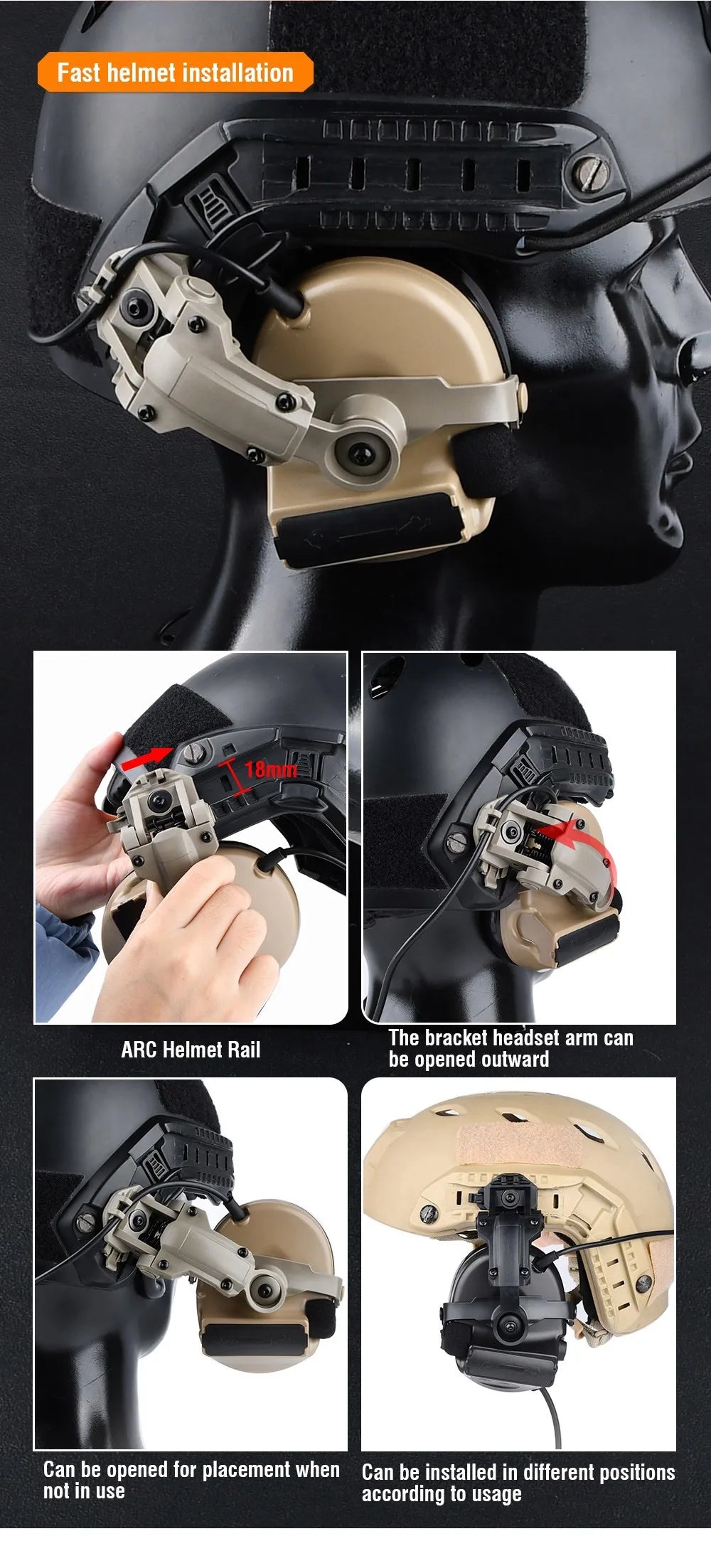 WADSN Tactical Fast Rotation Helmet Rail Mount Adapter Headset Bracket For Comtact Sordin Headphone Fit Wendy ARC Rail Base