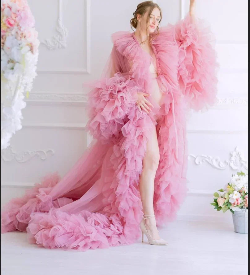 Tulle Ruffle Boudoir Pregnancy Photoshoot Robe Ruffle Maternity cloak For Baby Shower Gender Reveal bridal Dress wedding Main image
