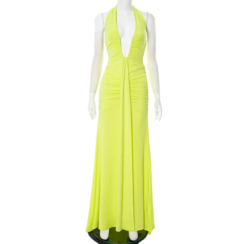 Sexy Deep V-neck Backless Halter Maxi Dresses Women's Sleeveless High Waist Bodycon Pleated Robe 2025 New Evening Party Gown