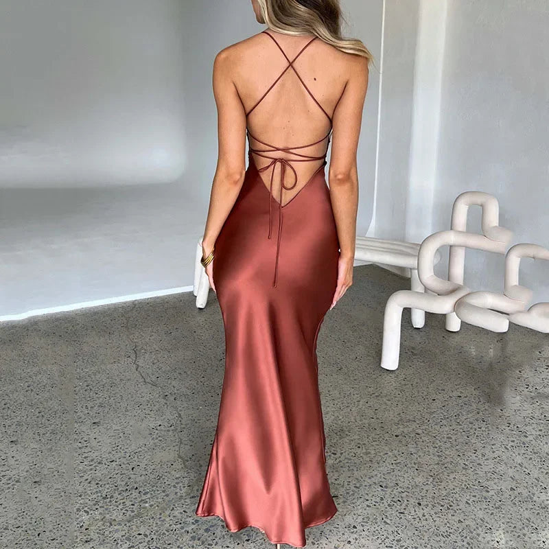 Sexy Spaghetti Strap Satin Dresses Women Elegant Backless Lace Up Mermaid Dress Woman Sleeveless Slim Bodycon Party Long Dress Secondary image