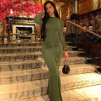 Hugcitar Autumn Solid Long Sleeve Draped Sexy Bodycon Maxi Prom Dress Women Fashion Y2K Outfits Evening Party Festival Club