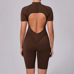 Seamless Yoga Jumpsuits Sports Fitness Zipper Hip-lifting Short-sleeved Backless Dance Workout Gym Shorts Bodysuits for Women