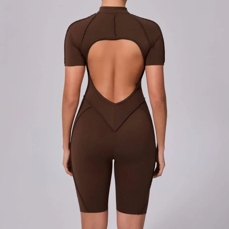 Seamless Yoga Jumpsuits Sports Fitness Zipper Hip-lifting Short-sleeved Backless Dance Workout Gym Shorts Bodysuits for Women