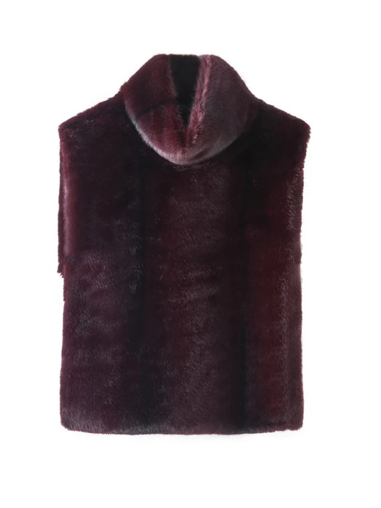 Solid Faux Fur Vest Crop Top Women Fashion Turtleneck Fluffy Short Tank Tops 2025 Winter Female Elegant Sleeveless Jacket Coat